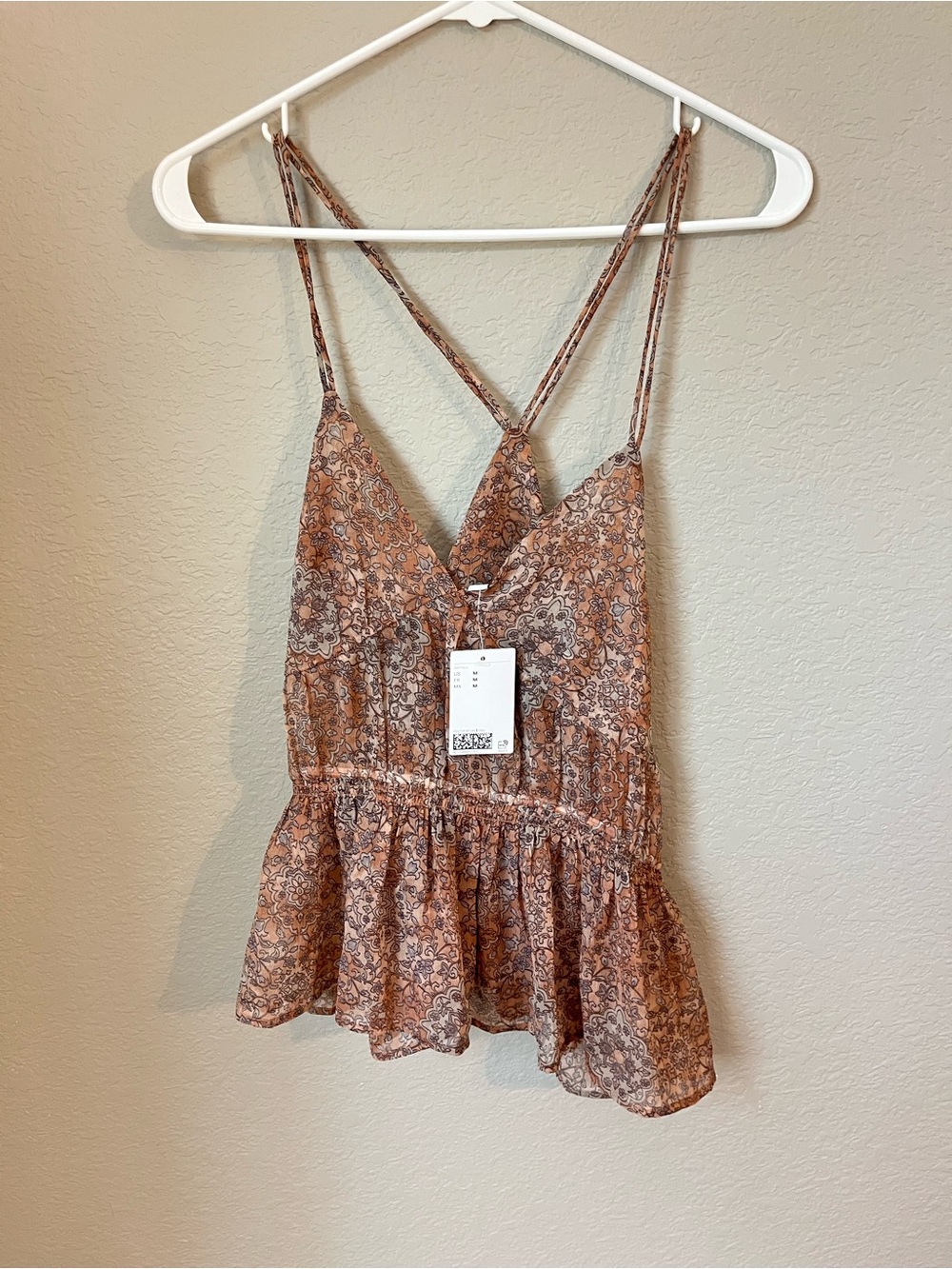 NWT Paisley Floral Chiffon Cami Top M Y2K Boho Babydoll Peplum Strappy